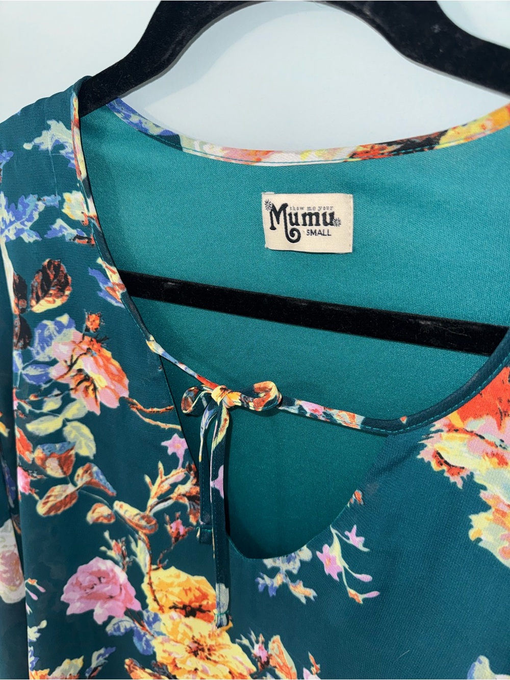 Show Me Your Mumu teal floral print bell sleeve top with tie neck detail - Picture 5 of 9